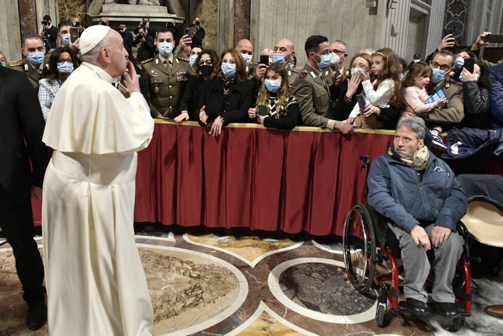 Pope Greets Group of Faithful in Vatican Basilica